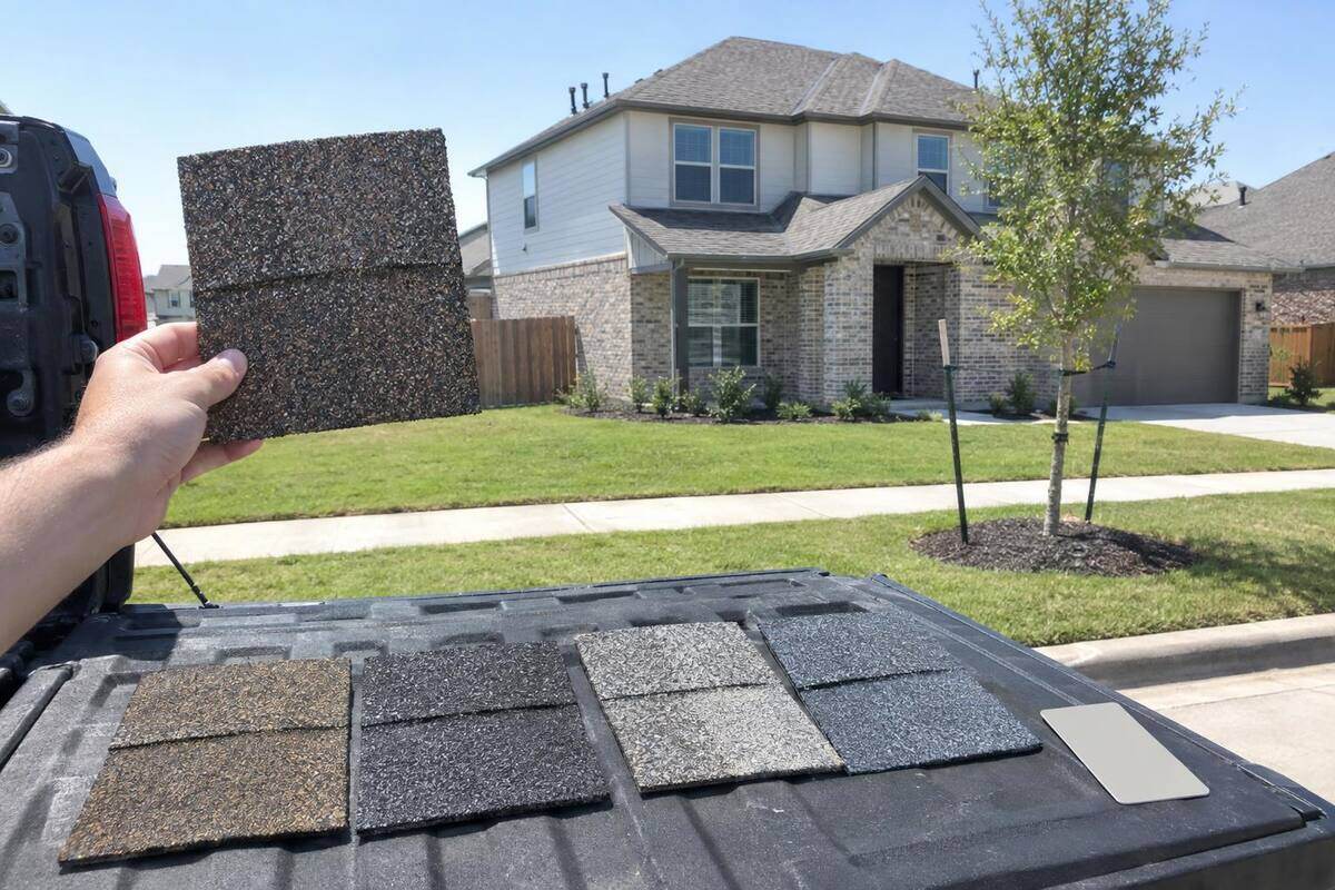 Shingle color samples laid out on a tailgate and one held up against a new two-story house