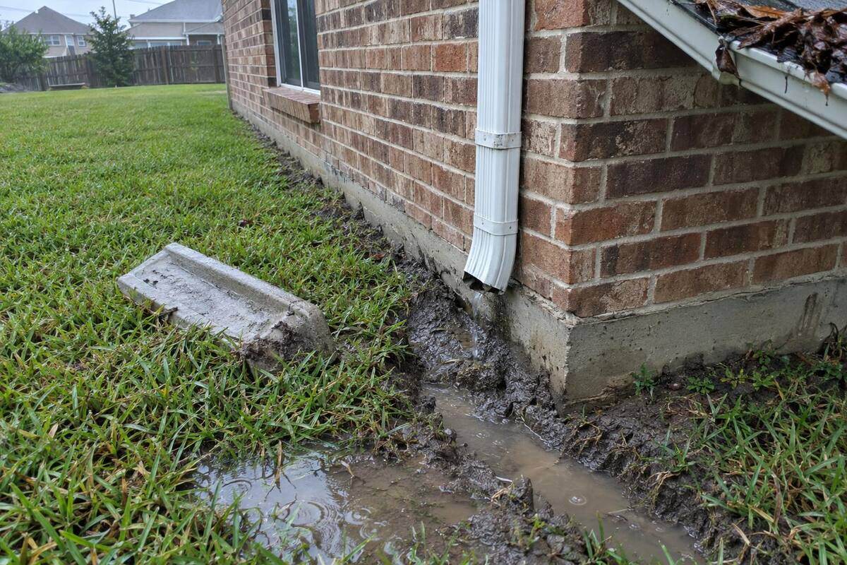 Downspout ending at the corner of a brick house with runoff cutting a muddy trench beside the slab edge
