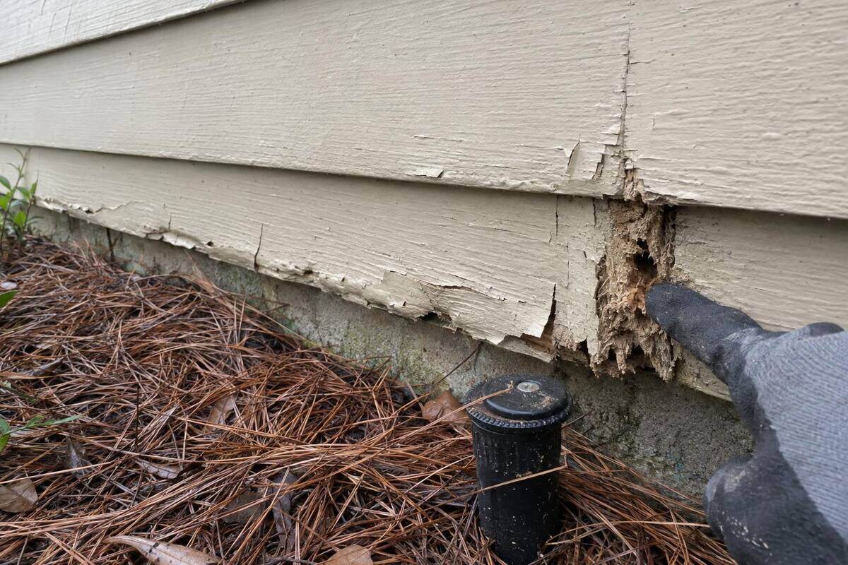Swollen, flaking bottom edges of painted lap siding above a pine-straw bed and a sprinkler head